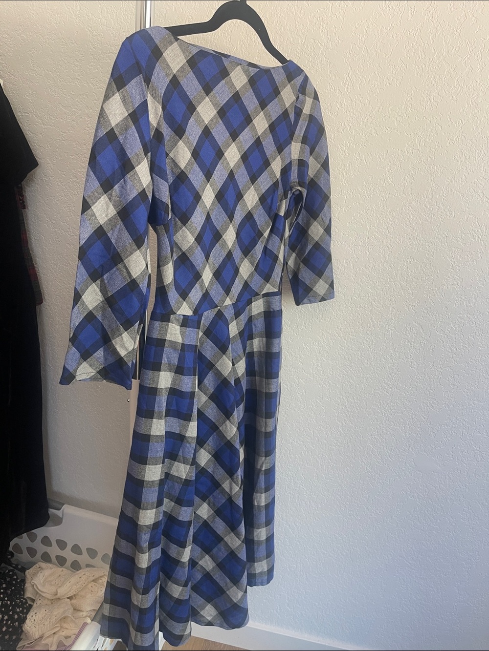 Unique Vintage Blue and Gray Plaid Midi Fit-and-Flare Dress